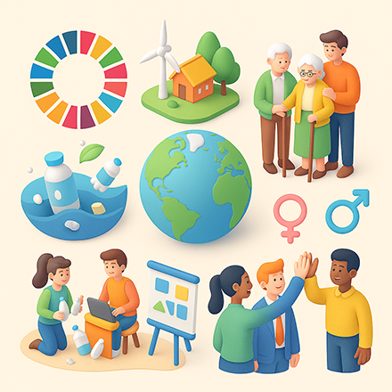 SDGs・地方創生・高齢化社会・海洋ゴミ・ジェンダー平等といった社会課題を表す3Dイラスト